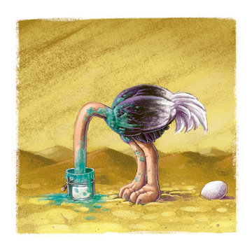 avestruz escondiendo la cabeza en un bote de pintura