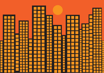 vector illustration with skyscrapers silhouettes in sunset