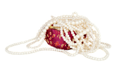 Pearl necklace in a red Chinese silk box
