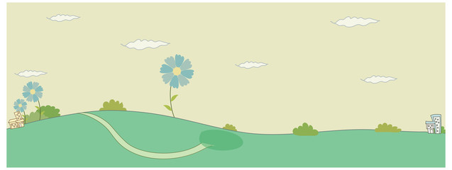 Green landscape with clouded sky