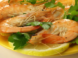 Whole shrimps with parsley, closeup