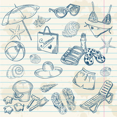 Hand drawn retro icons summer beach set on a paper background