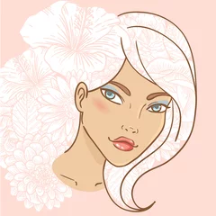 Photo sur Plexiglas Femme fleurs Jolie jeune femme souriante aux cheveux floraux