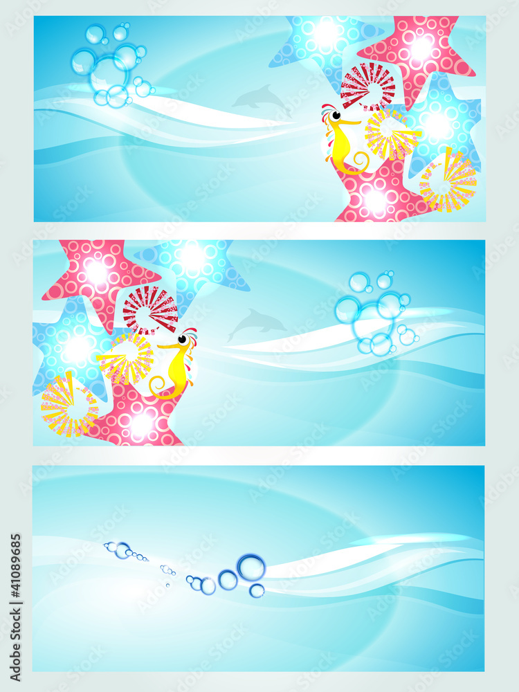 Poster set of three headers displaying waves and water creatures.