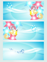 Set of three headers displaying waves and water creatures.