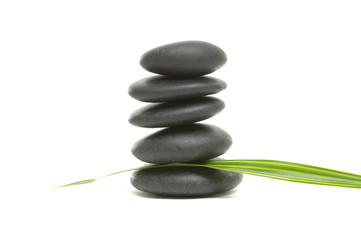 Balanced black zen pebbles with green leaf
