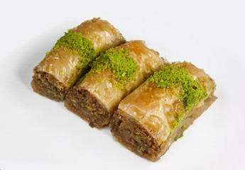 golden baklava filo pastry isolated on white background