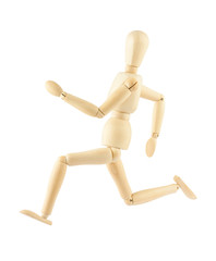 Wooden mannequin running isolated on white background