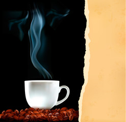 Background with cup of coffee and old ripped paper  Vector