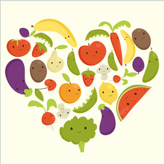 Fruits and vegetables heart shape, vector illustration