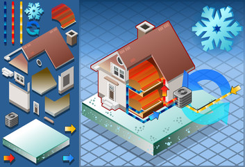 Isometric house with conditioner in heat productio