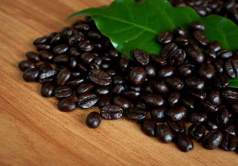 Roasted coffee beans .