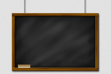 Chalkboard blackboard with frame and brush hang on gray wall by