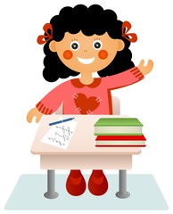 The little girl sits at a school desk
