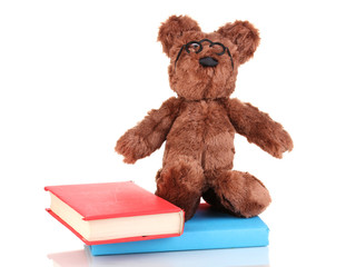 Sitting bear toy with books isolated on white