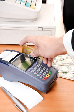Close up Payment machine on during using Credit card