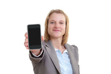 Naklejka premium Junge Frau hält Smart Phone in die Kamera