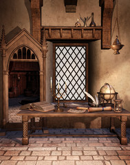 Stół i lustro w starym alchemicznym laboratorium - obrazy, fototapety, plakaty