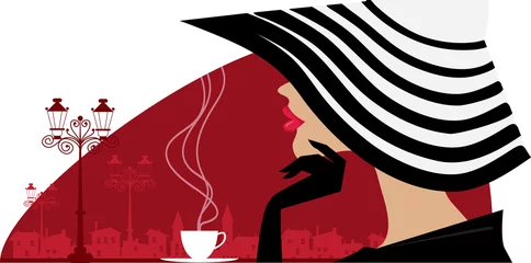 Wall murals Red, black, white Stylish woman in a big hat at cafe