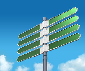 Blank direction sign with 8 arrows (add your text) on sky backgr
