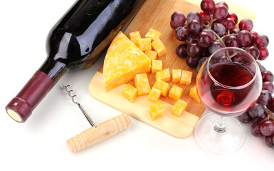 Bottle of great wine with wineglass and cheese isolated on white