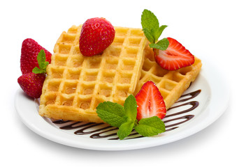 belgium waffles with strawberries and mint