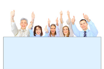group of business people holding a banner ad
