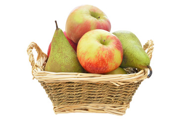 Apples and pears in a straw basket