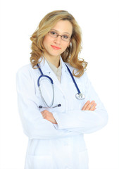 Attractive woman doctor. Isolated on a white