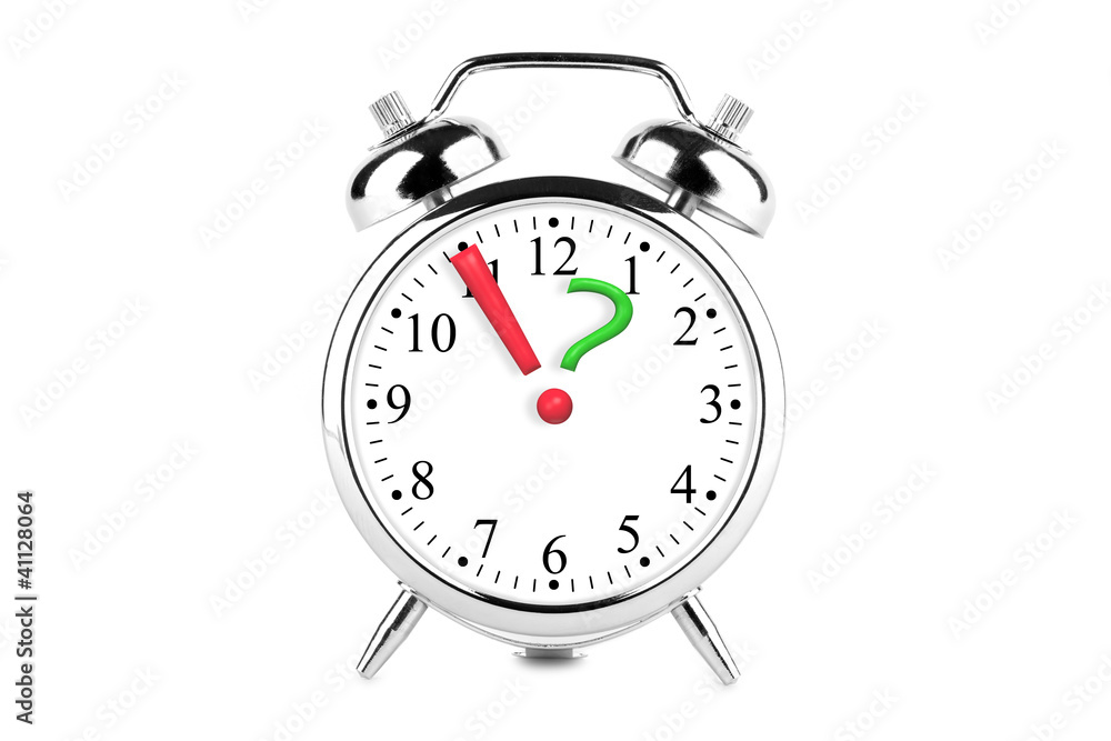 Poster exclamation and question mark on the alarm clock