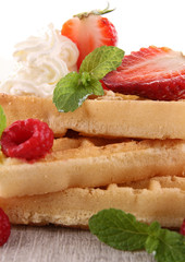 waffle,whipped cream and strawberry