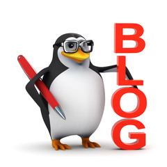 3d Penguin in glasses writes a blog