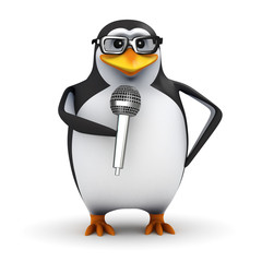 3d Penguin in glasses speaks in the mic