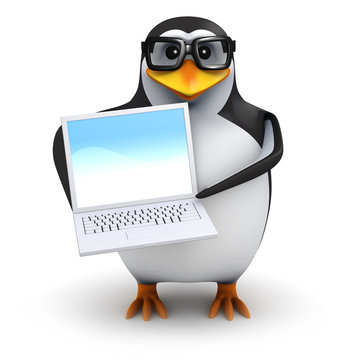 3d Penguin in Spectacles with Laptop