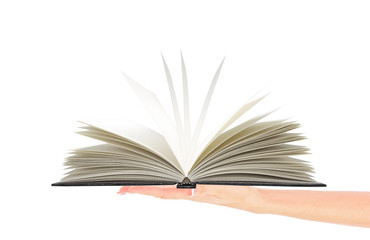Woman hand holding opened book isolated on white