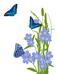 blue flowers and three butterflies decoration