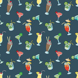 Seamless pattern with cartoon drinks on dark background