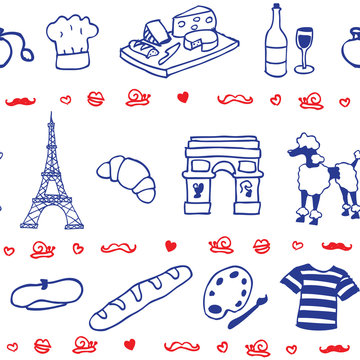 Fototapeta French symbols & icons illustrated seamless vector pattern