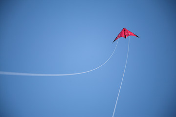 Red kite flies on sky, white string arch