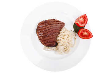 food : pasta with tomato on basil and roasted sirloin beef