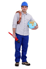 Plumber holding a globe