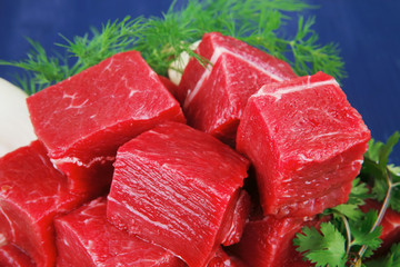 meat fillet in a white bowls over blue