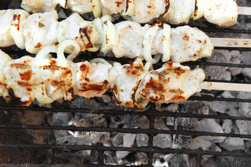 chicken shish kebab cooked on barbecue