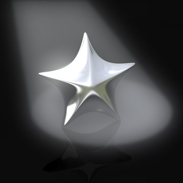 Silver star at dark stage in spotlight 3d