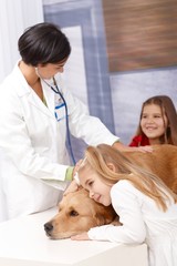 Little girls and pet at veterinarian