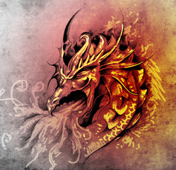 Croquis d& 39 art de tatouage, dragon de colère avec le feu blanc