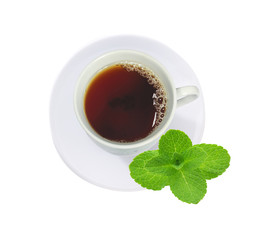cup of tea with mint leaves isolated on white