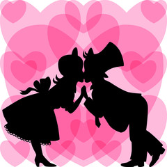 Silhouette of kissing a boy and a girl on a background of hearts
