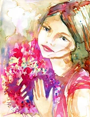 Papier Peint photo Inspiration picturale belle jeune fille avec un bouquet de fleurs roses