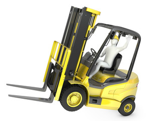 Abstract white man in a fork lift truck, balancing on rear wheel